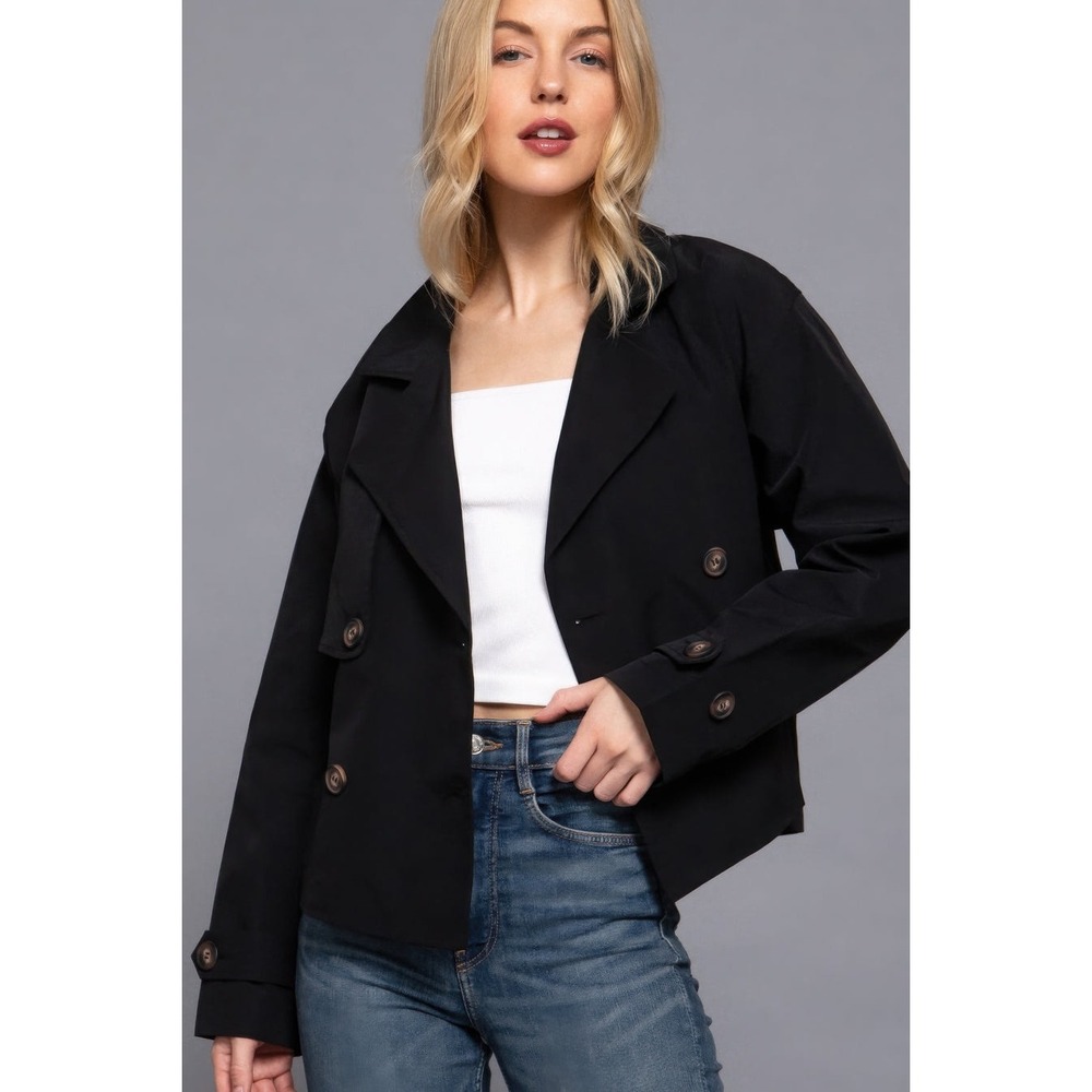 Active USA Women's Large Black Cropped Double Breasted Short Trench Jacket Chic